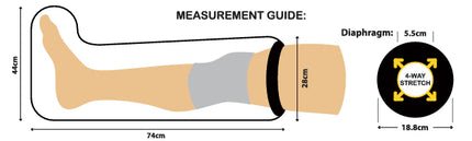 Measurement guide for a product with a foot illustration and stretch properties.